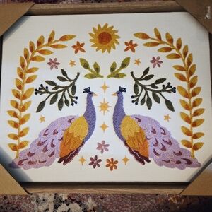 NIP BP Home 14.5 X 12 Inch Textile Embroidery 2 Peacocks Wall Art